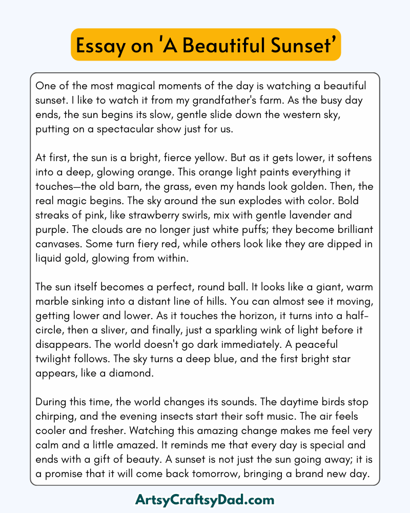 'A Beautiful Sunset' - 300 Words Essay for Grades 8 to 10 Students