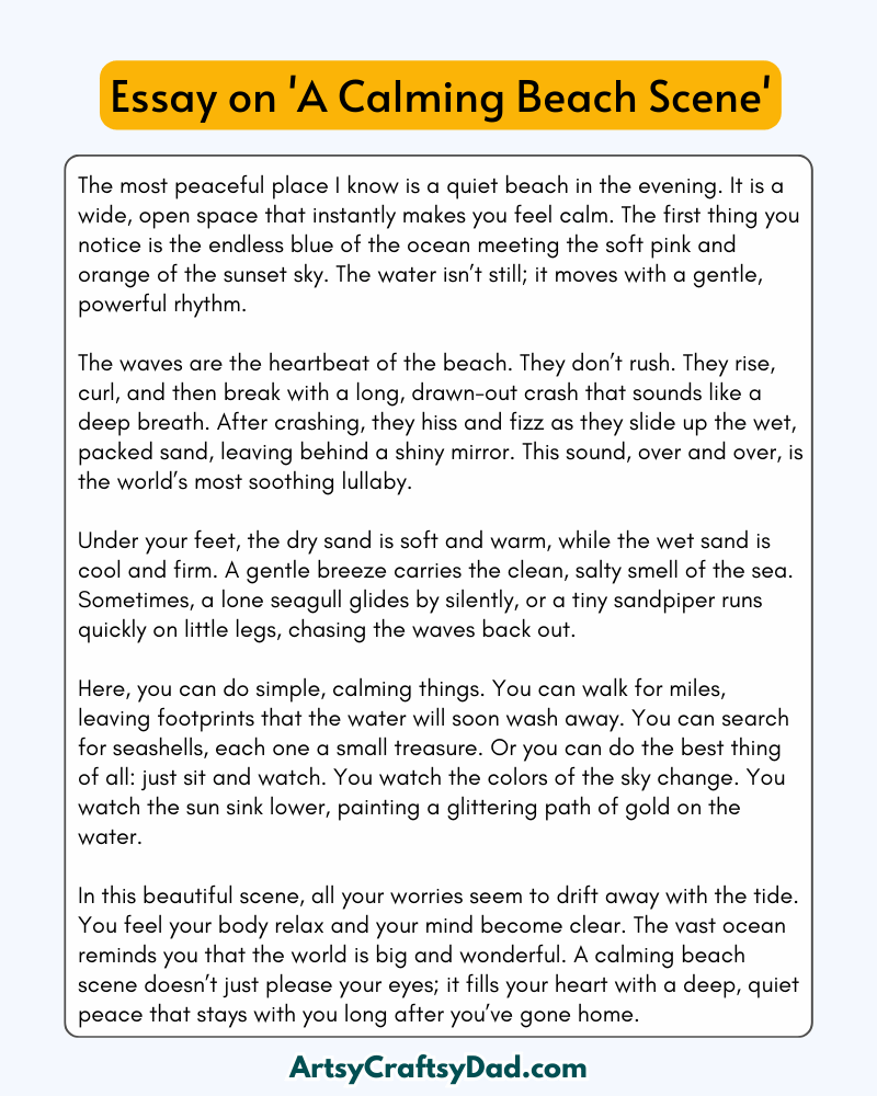  'A Calming Beach Scene' - 300 Words Essay for Grades 8 to 10 Students