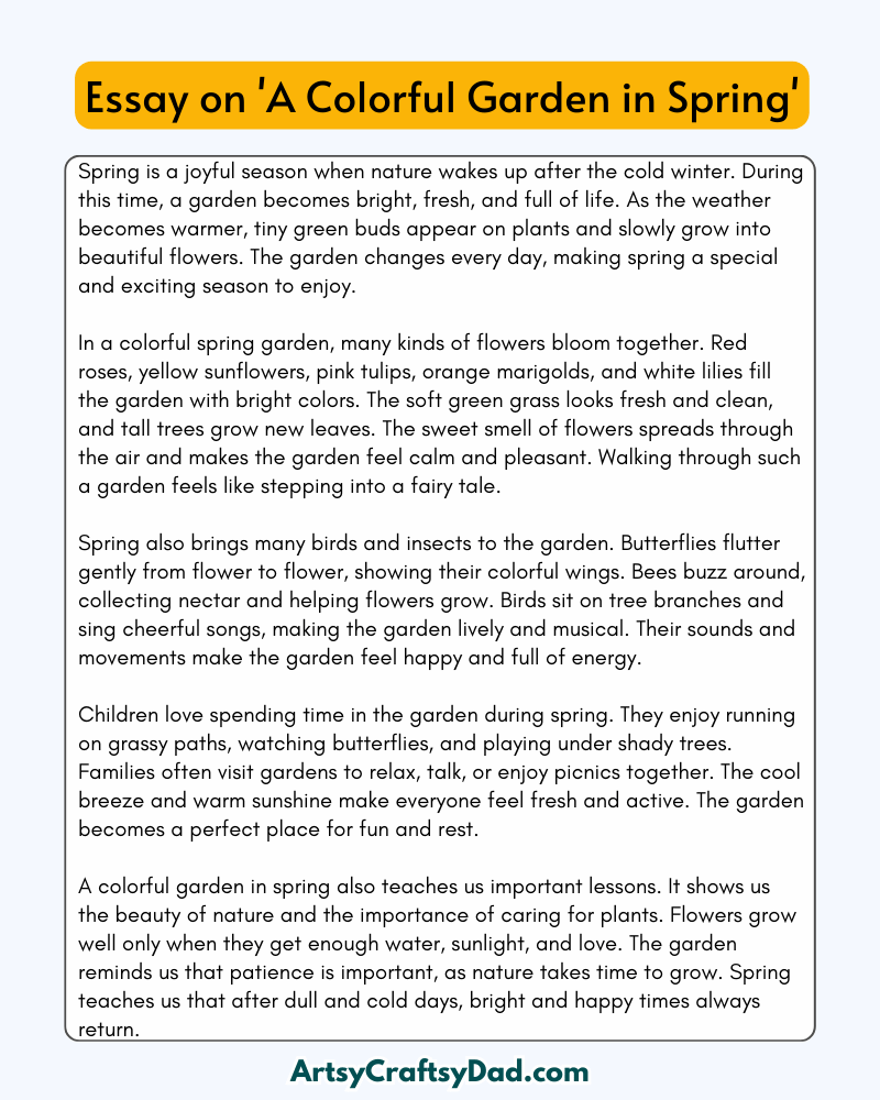 'A Colorful Garden in Spring' - 300 Words Essay for Grades 7 to 8 Students
