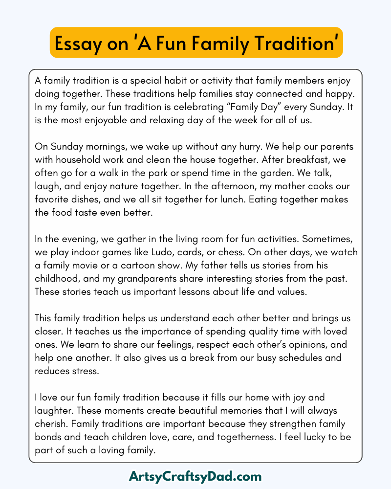 'A Fun Family Tradition' – 300 Words Essay for Grades 8 to 10 students