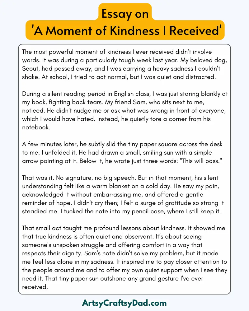 'A Moment of Kindness I Received' - 300 Words  Essay for Grade 9 to 10 Students
