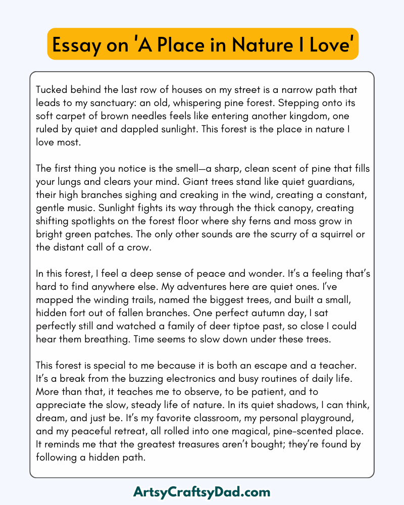 'A Place in Nature I Love' – 300 Words Essay for grade 10 Students