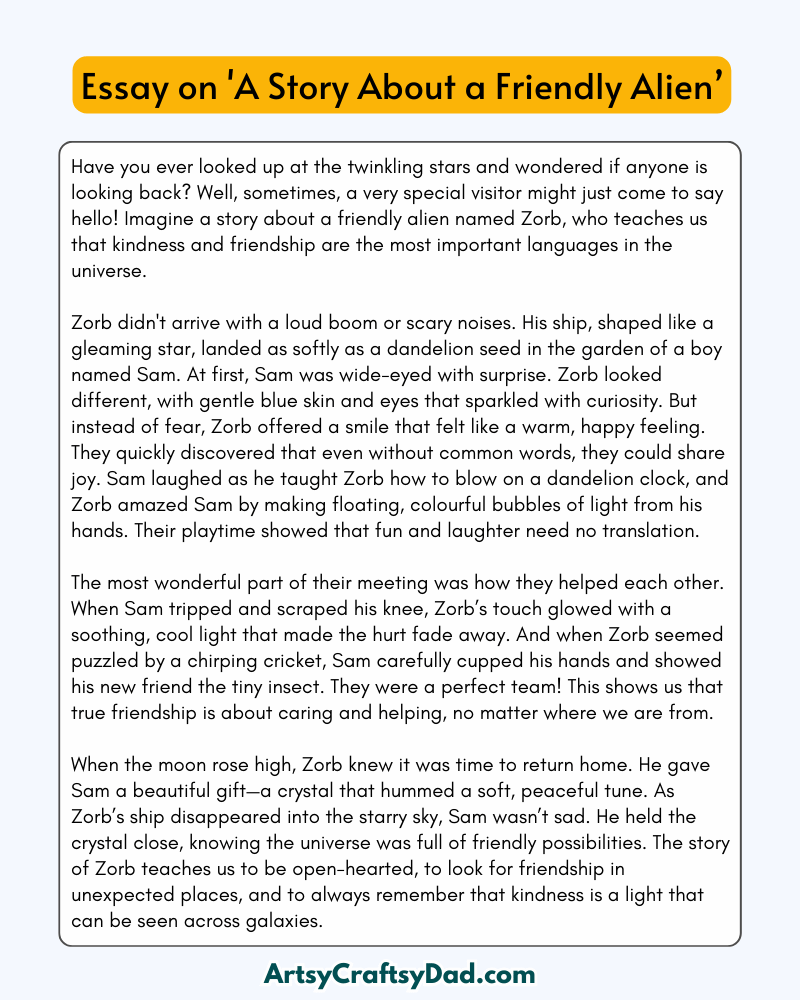 'A Story About a Friendly Alien' – 300 Words Essay for Grades 8 to 10 Students