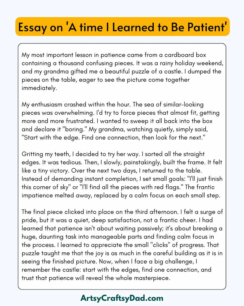'A time I Learned to Be Patient' - 300 Words  Essay for Grades 9 to 10 Students