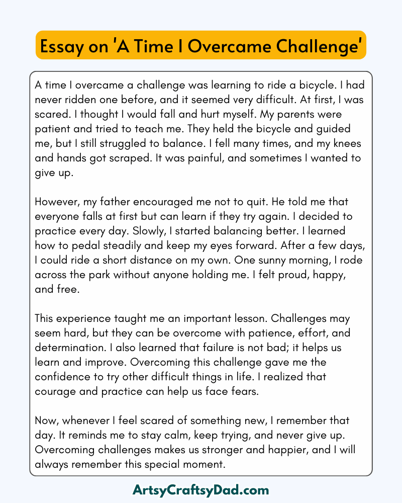 'A Time I Overcame a Challenge' – 300 Words Essay for Grades 8 to 10 Students
