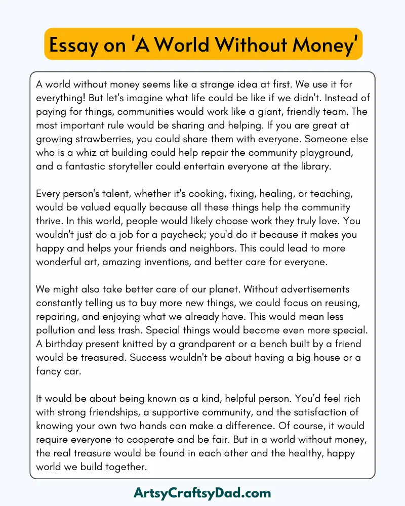 'A World Without Money' – 300 Words Essay for Grades 8 to 10 Students