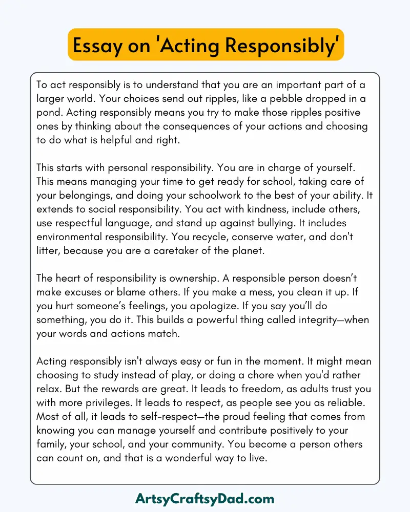 'Acting Responsibly' - 300 Words Essay for Grades 8 to 10 Students