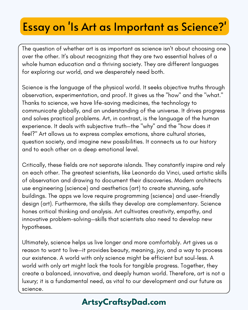 'Is Art as Important as Science?' - 300 Words Essay for Grade 10 Students
