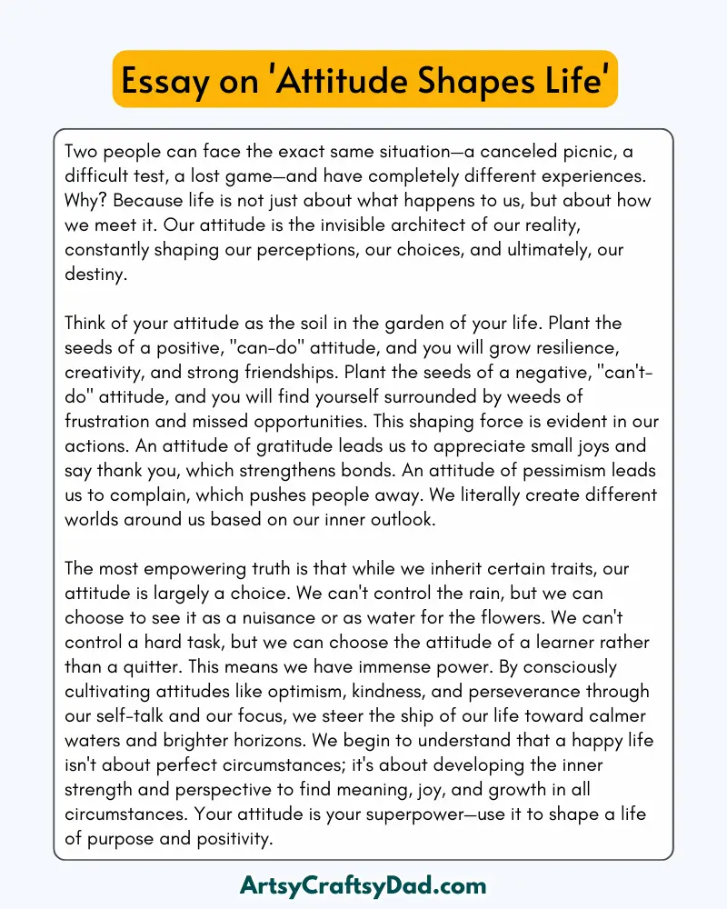 'Attitude Shapes Life' - 300 Words Essay for Grades 9 to 10 Students