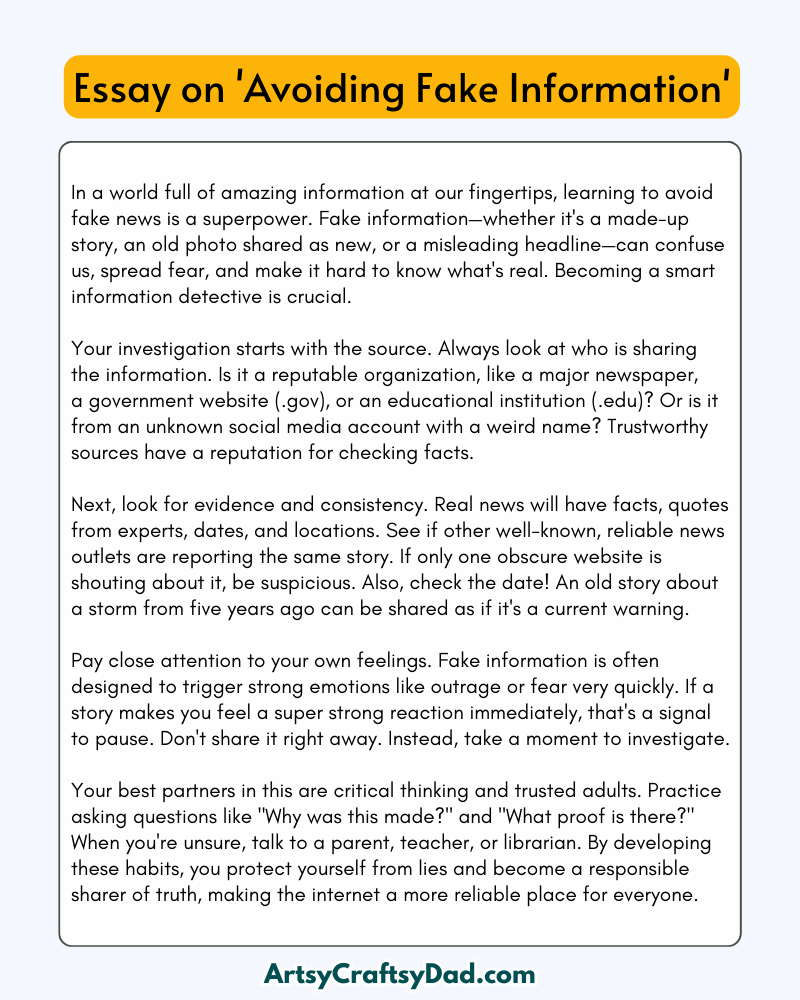 'Avoiding Fake Information' - 300 Words Essay for Grades 8 to 10 Students