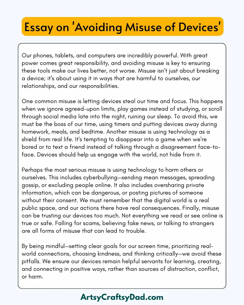 'Avoiding Misuse of Devices' - 300 Words  Essay for Grades 9 to 10 Students