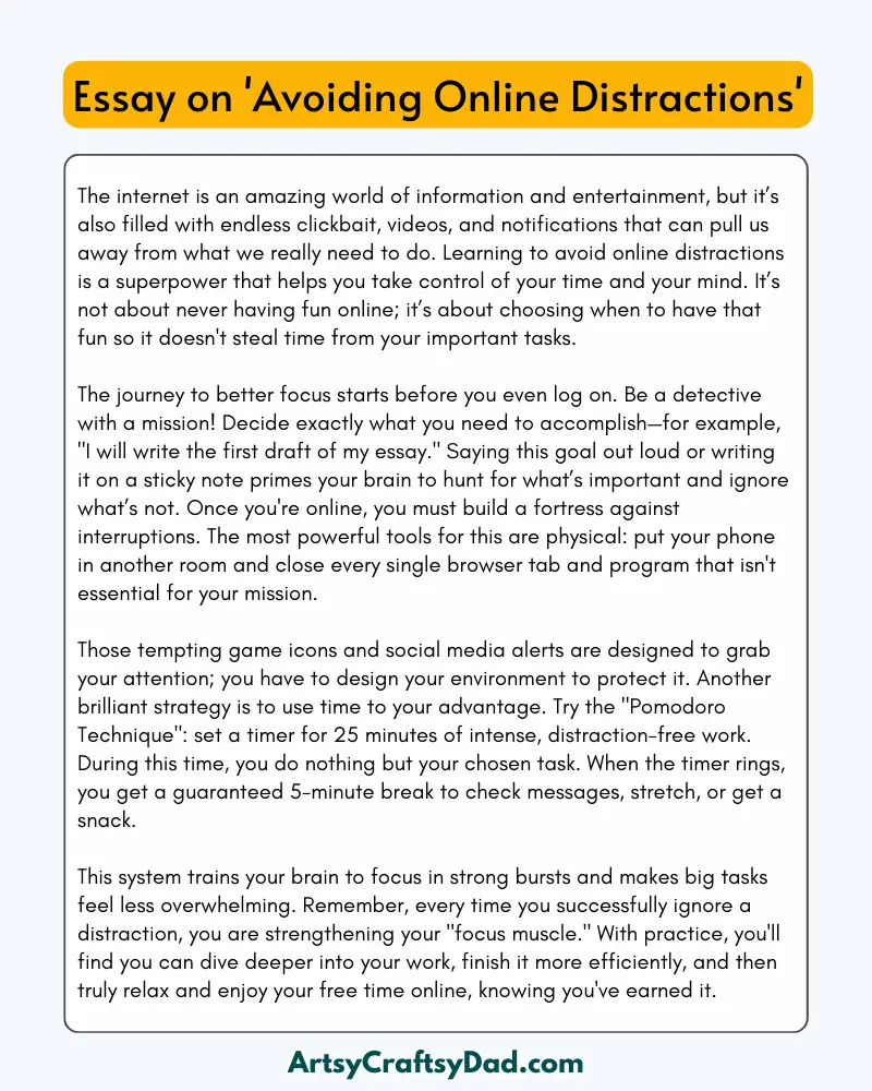 'Avoiding Online Distractions' - 300 Words  Essay for Grades 8 to 10 Students