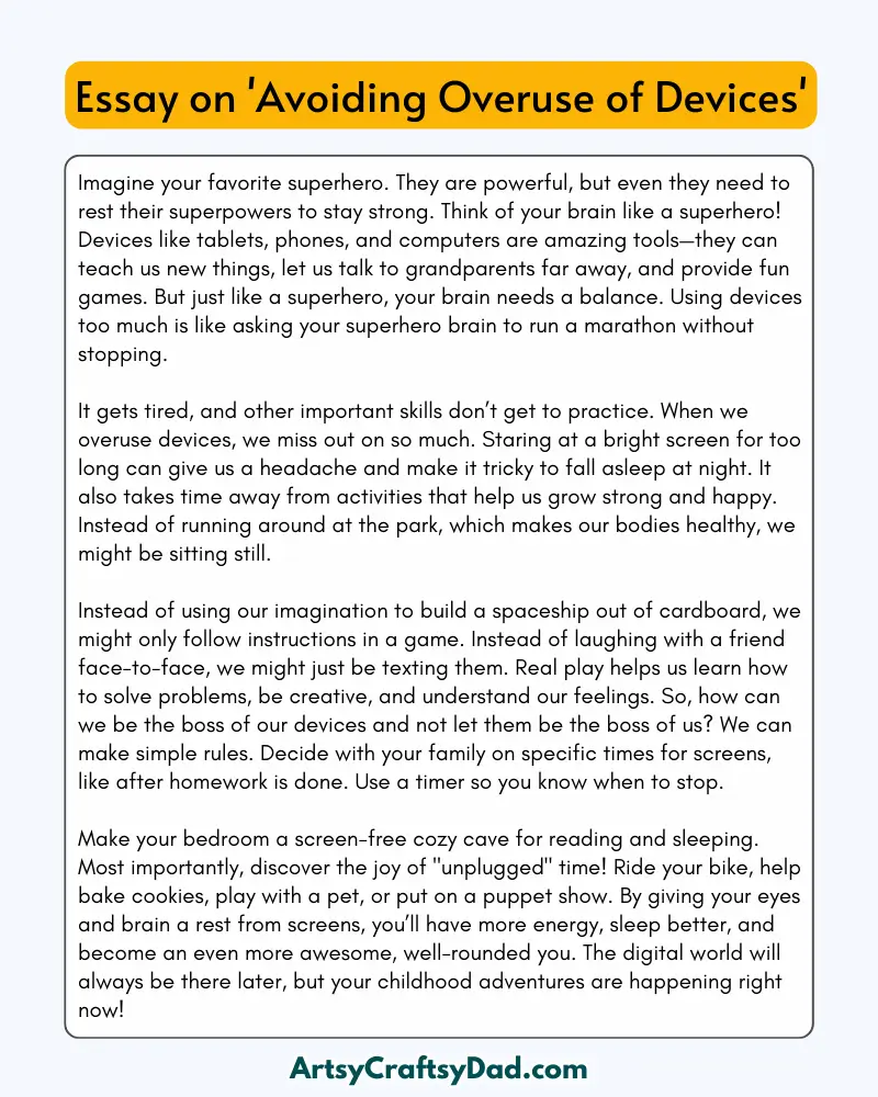 'Avoiding Overuse of Devices' - 300 Words Essay for Grades 8 to 10 Students