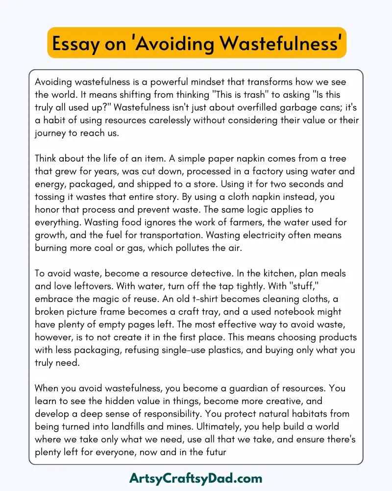 'Avoiding Wastefulness' - 300 Words Essay for Grades 8 to 10 Students