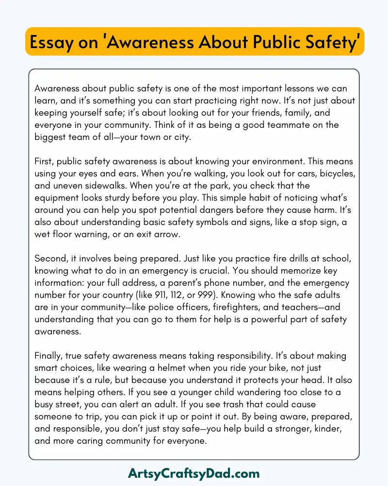 'Awareness About Public Safety' - 300 Words  Essay for Grades 7 to 8 Students