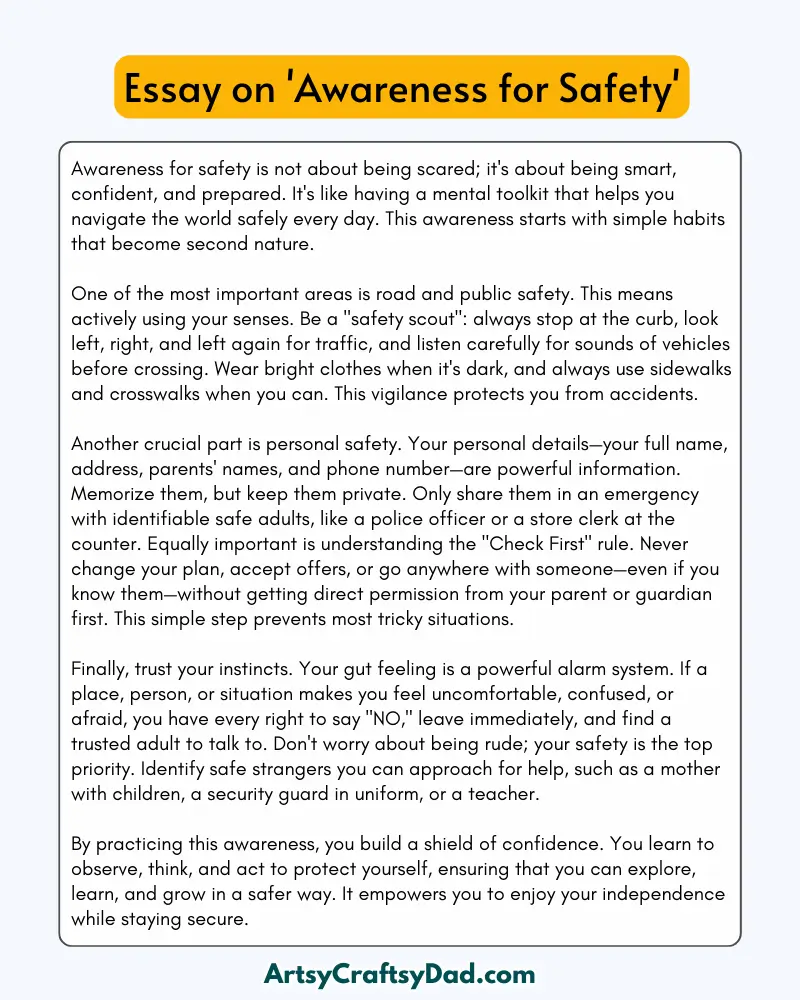 'Awareness for Safety' – 300 Words Essay for Grades 8 to 10 Students