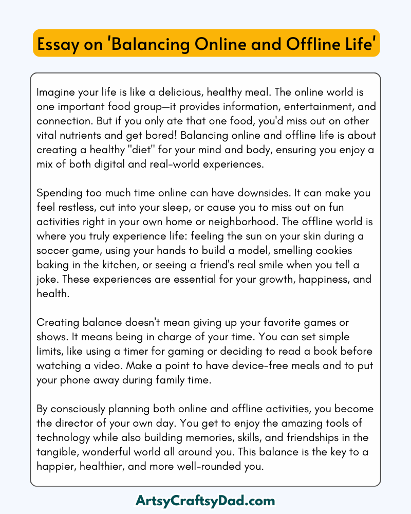 'Balancing Online and Offline Life' - 300 Words Essay for Grades 9 & 10  Students