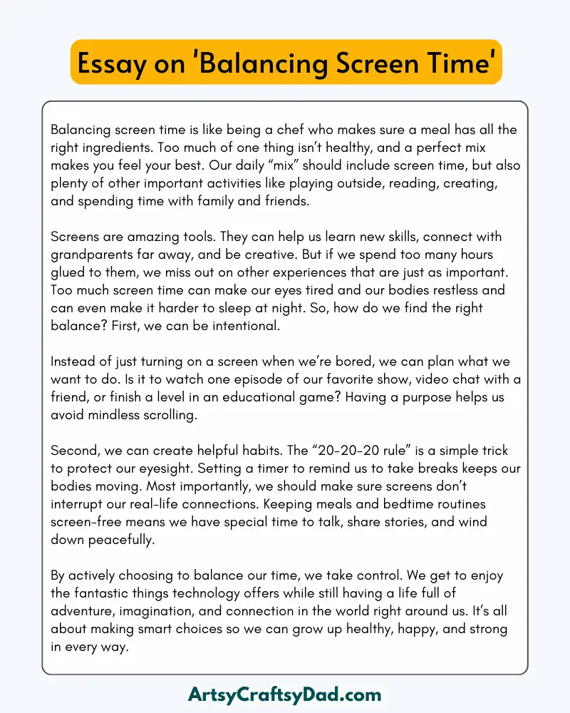 'Balancing Screen Time' - 300 Words  Essay for Grades 9 to 10 Students