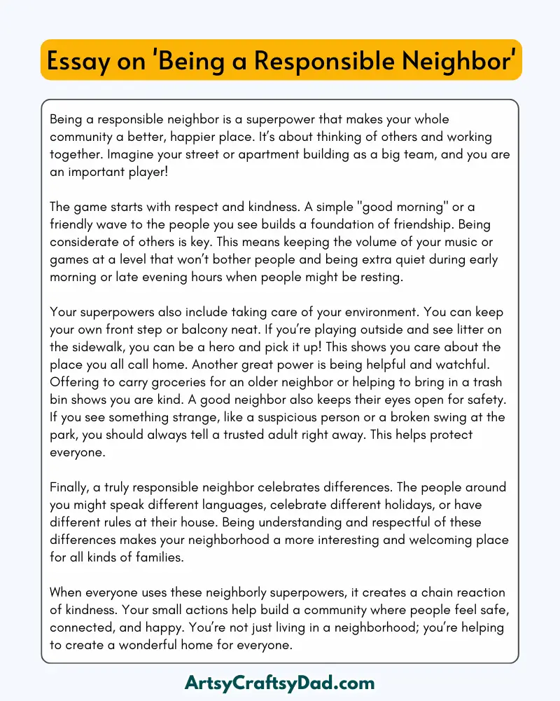 'Being a Responsible Neighbor' - 300 Words  Essay for Grades 8 to 10 Students
