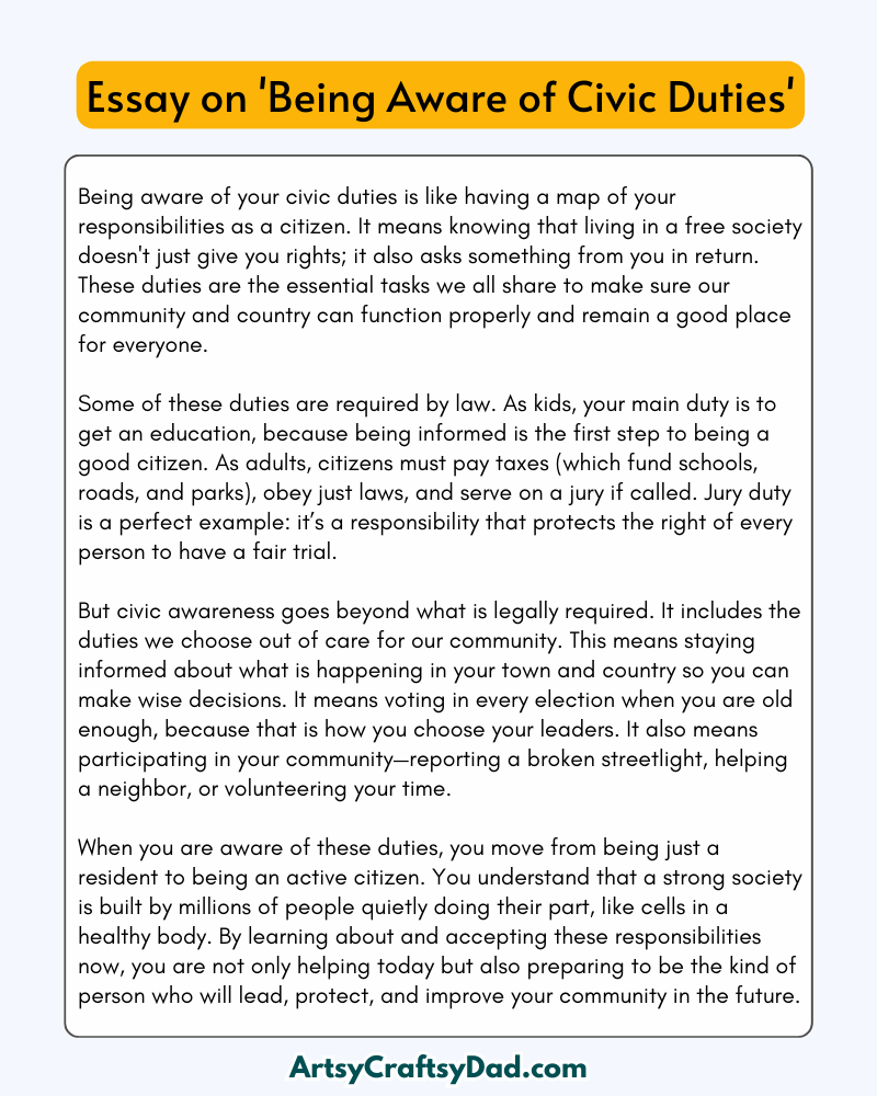 'Being Aware of Civic Duties' - 300 Words Essay for Grades 8 to 10 Students