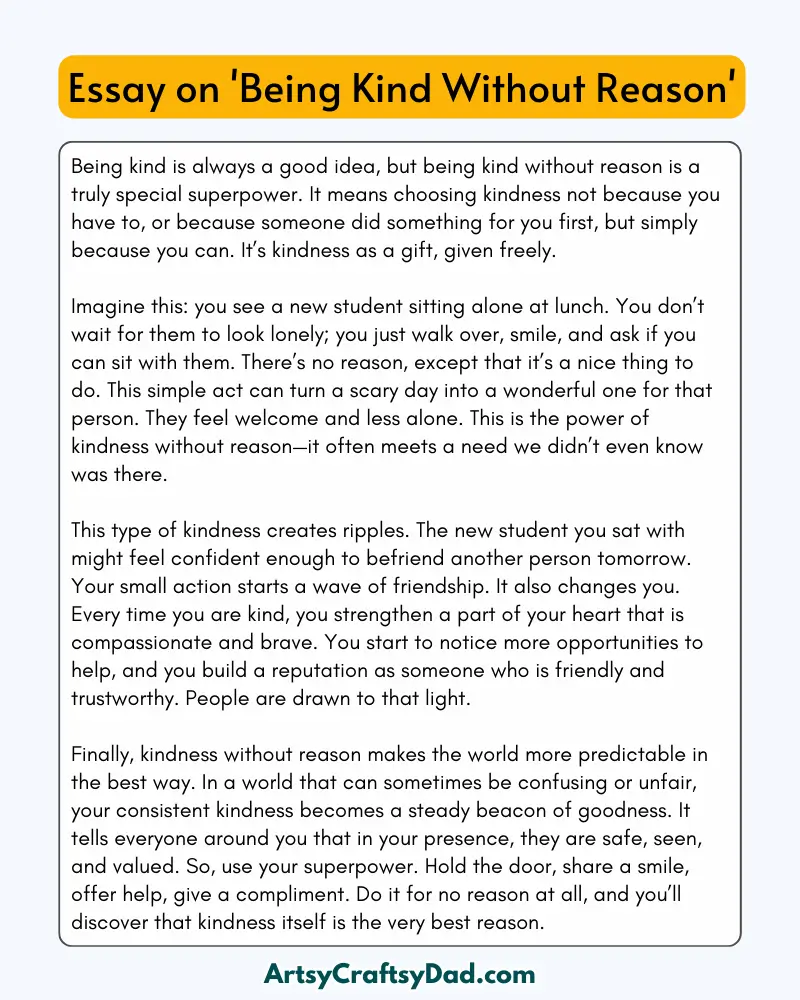 'Being Kind Without Reason' – 300 Words Essay for Grades 8 to 10 Students