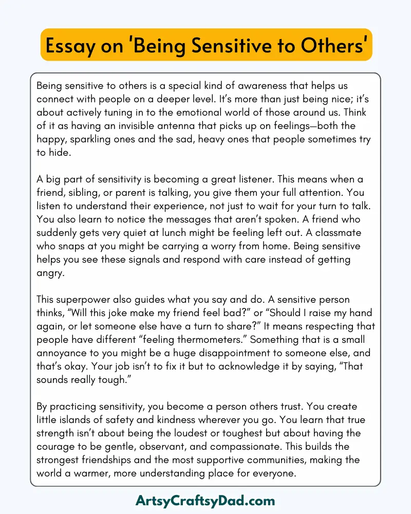 'Being Sensitive to Others' - 300 Words  Essay for Grades 8 to 10 Students