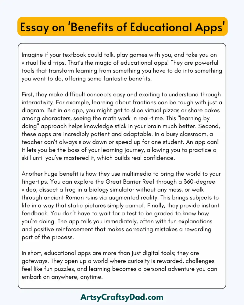 'Benefits of Educational Apps' - 300 Words  Essay for Grades 8 to 10 Students