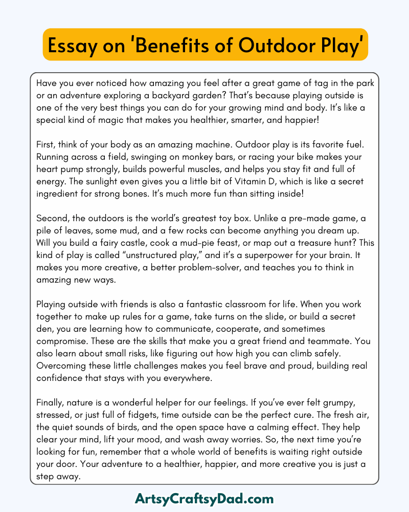 'Benefits of Outdoor Play' - 300 Words Essay for Grades 8 to 10 Students