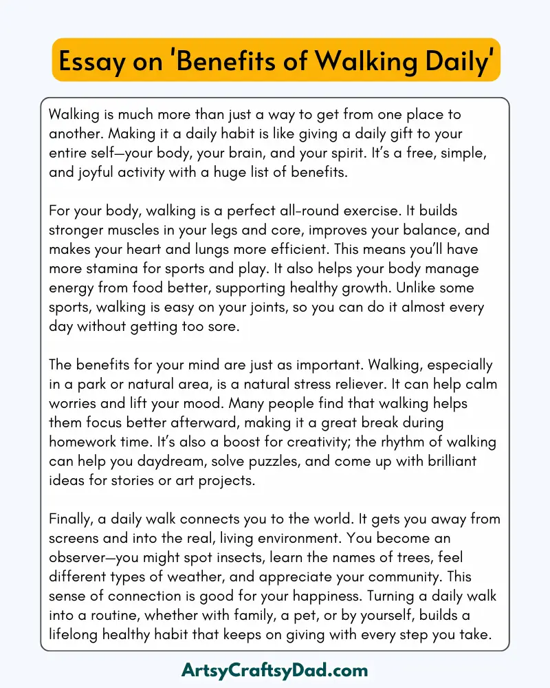 'Benefits of Walking Daily' - 300 Words  Essay for Grades 8 to 10 Students