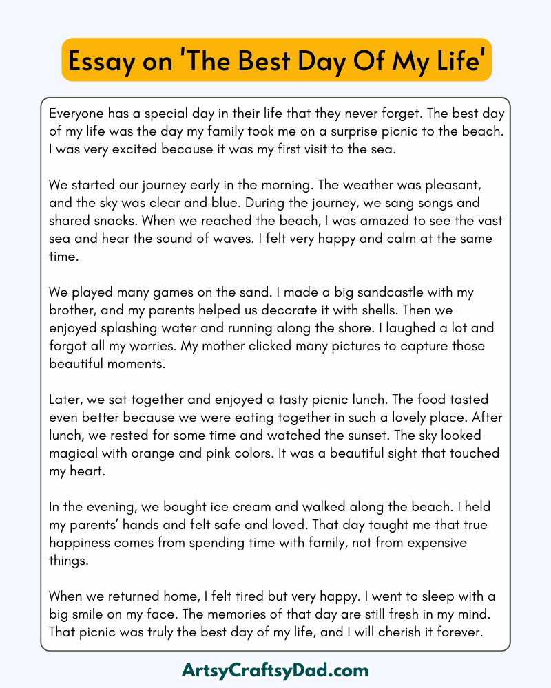'The Best Day of My Life'– 300 Words Essay for Grades 8 to 10 Students