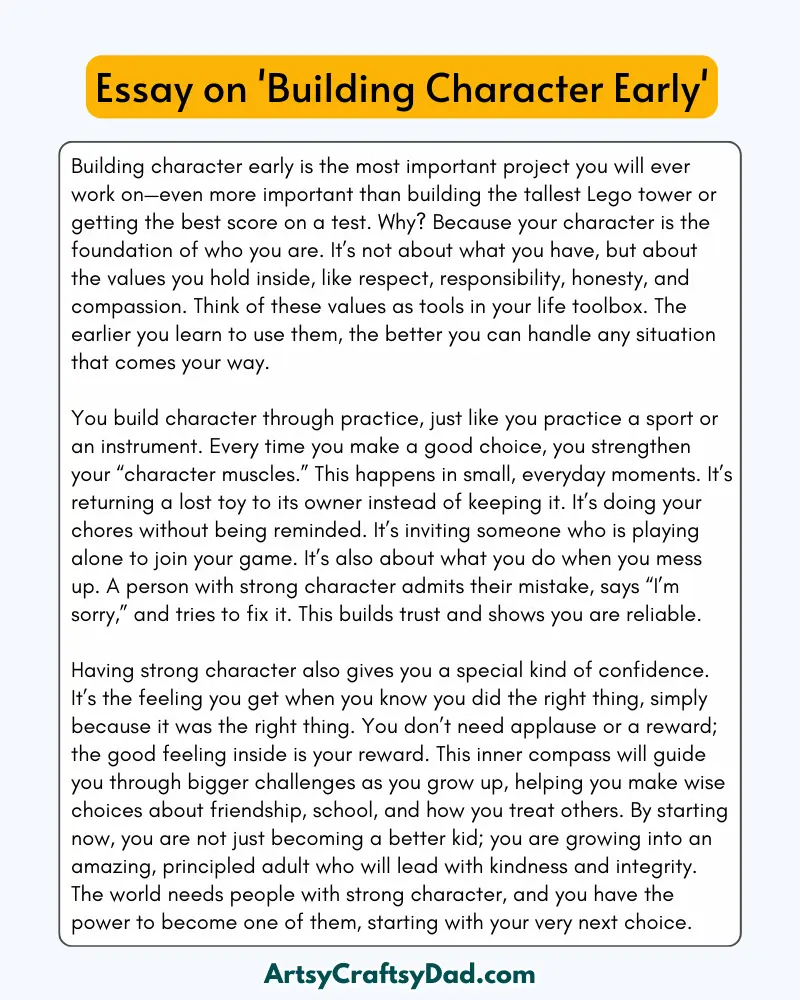 'Building Character Early' - 300 Words  Essay for Grades 8 to 10 Students