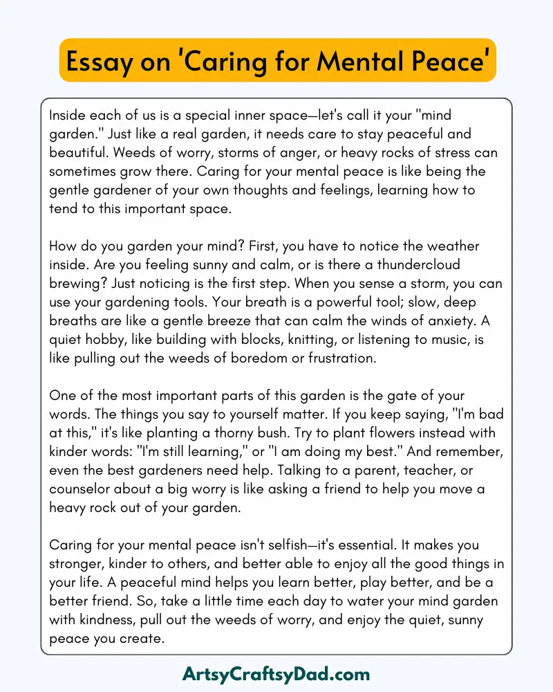 'Caring for Mental Peace' - 300 Words Essay for Grades 9 to 10 Students