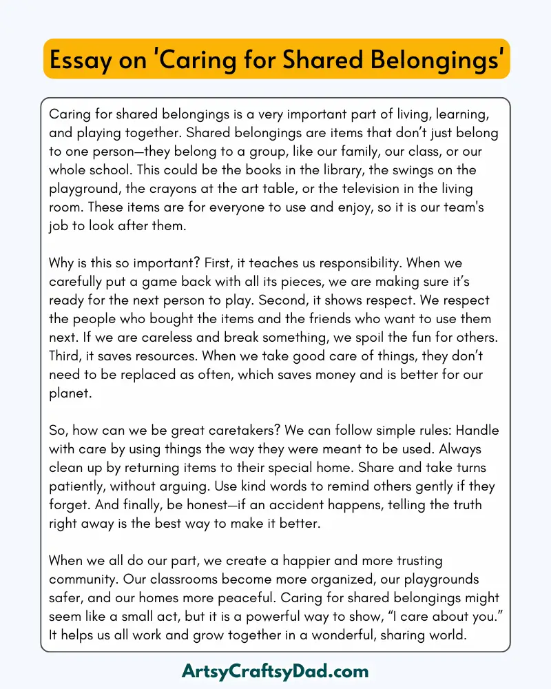 'Caring for Shared Belongings' - 300 Words  Essay for Grades 8 to 10 Students