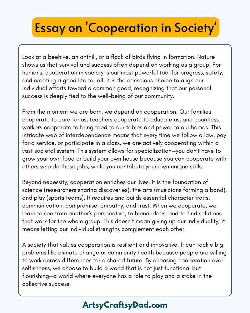 'Cooperation in Society' - 300 Words  Essay for Grades 8 to 10 Students