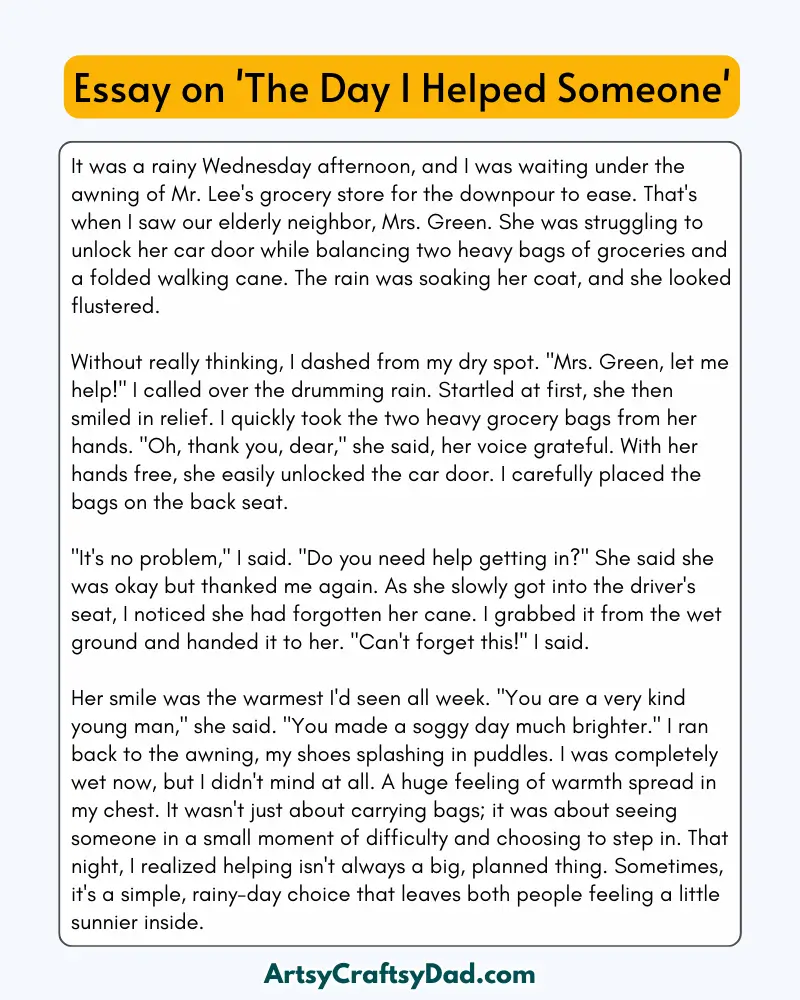 'The Day I Helped Someone' - 300 Words  Essay for Grades 7 to 8 Students
