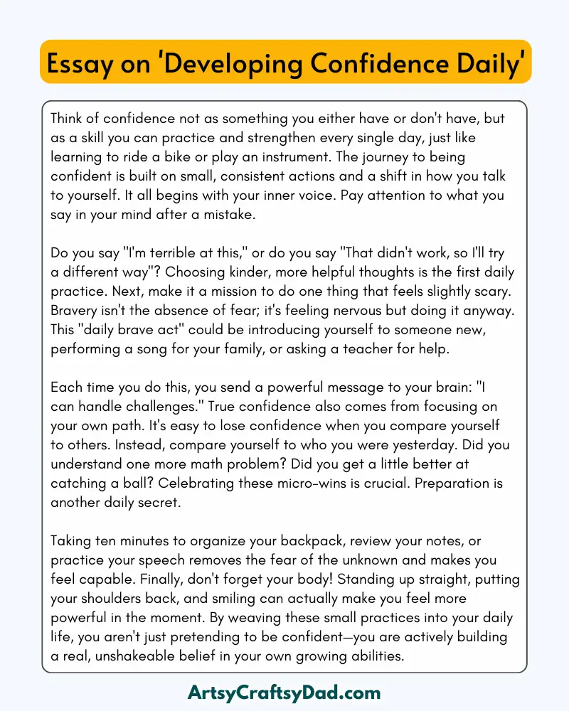 'Developing Confidence Daily' - 300 Words  Essay for Grade 8 Students