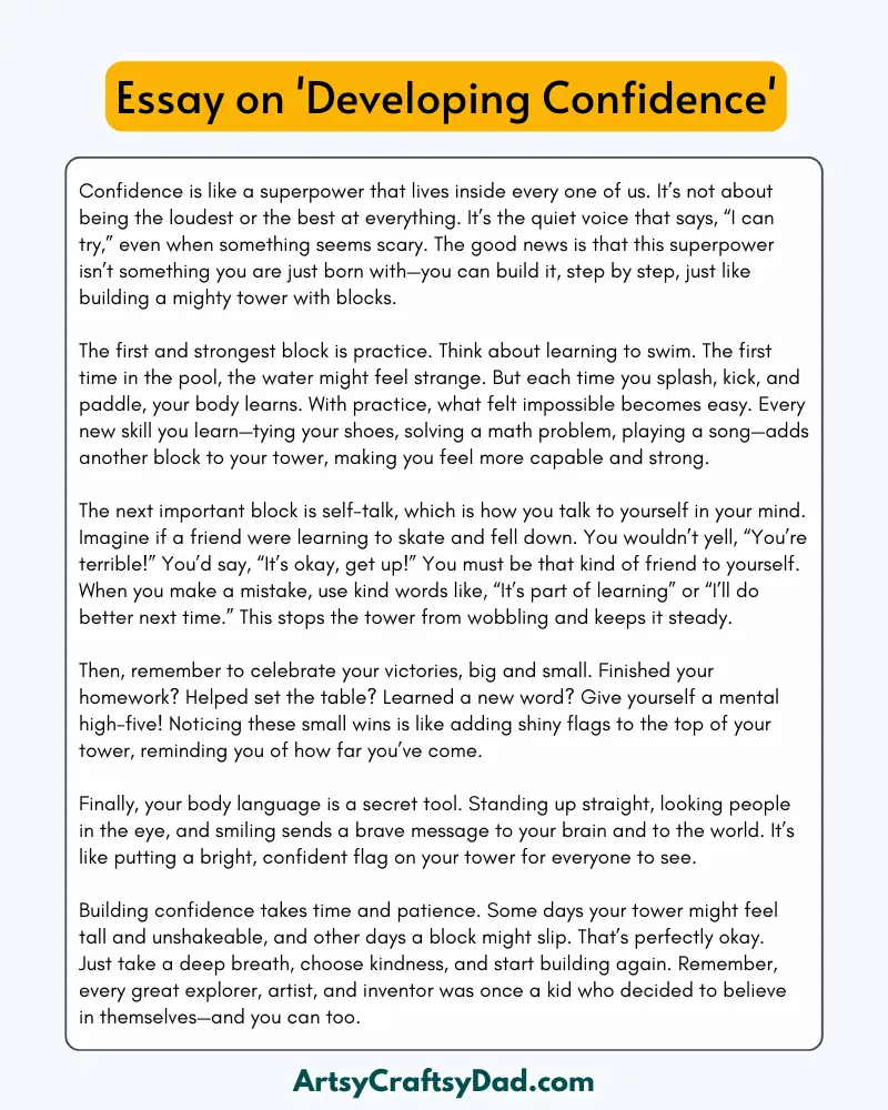 'Developing Confidence' – 300 Words Essay for Grades 8 to 10 Students
