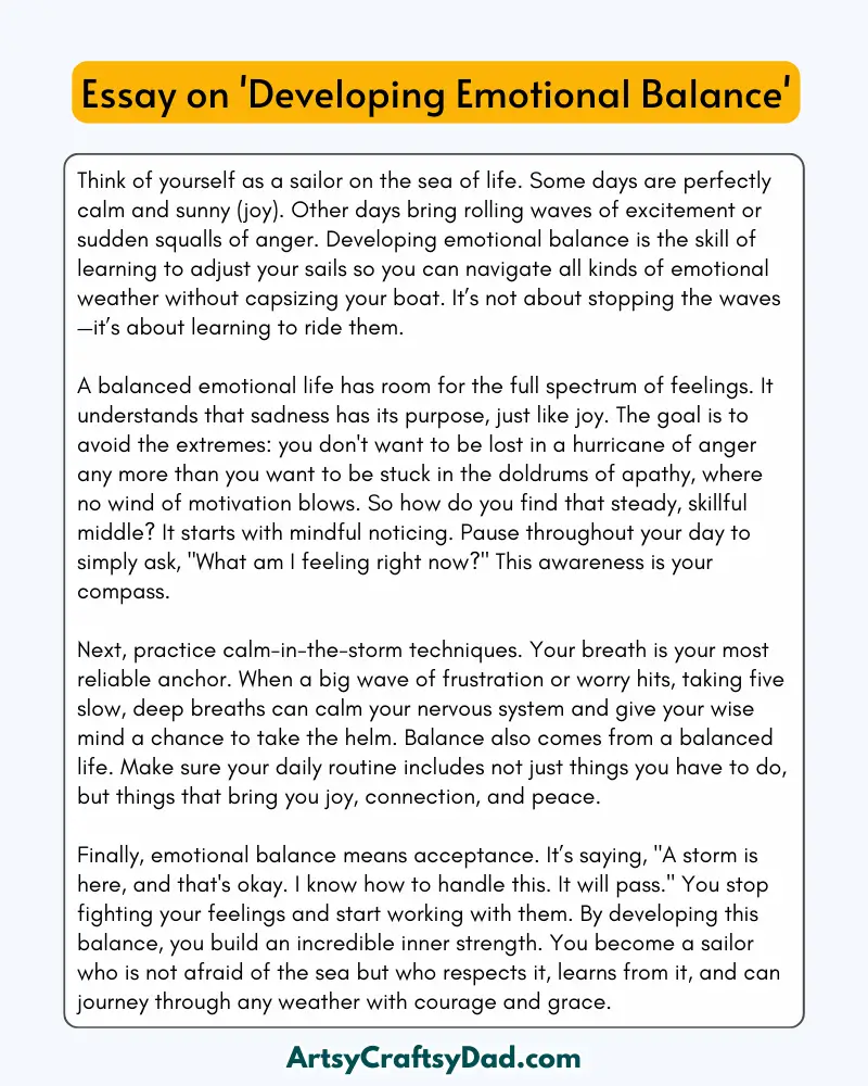 'Developing Emotional Balance' - 300 Words  Essay for Grades 9 to 10 Students