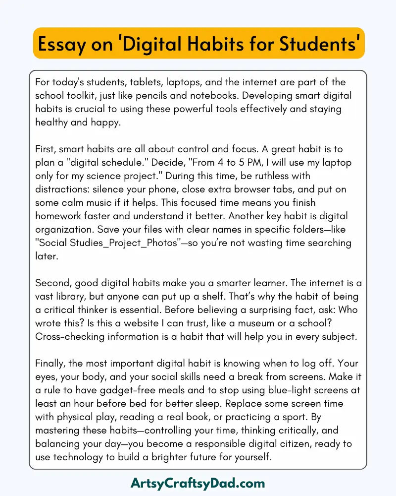 'Digital Habits for Students' - 300 Words  Essay for Grades 8 to 10 Students