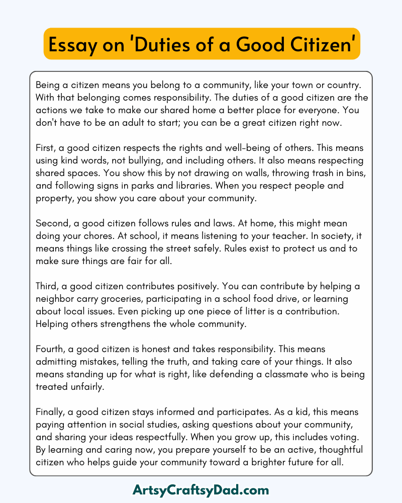 'Duties of a Good Citizen' - 300 Words Essay for Grades 8 to 10 Students