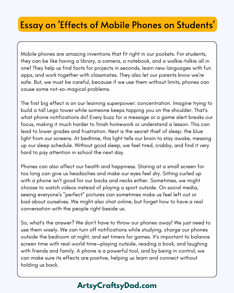 'Effects of Mobile Phones on Students' - 300 Words Essay for Grades 8 to 10 Students