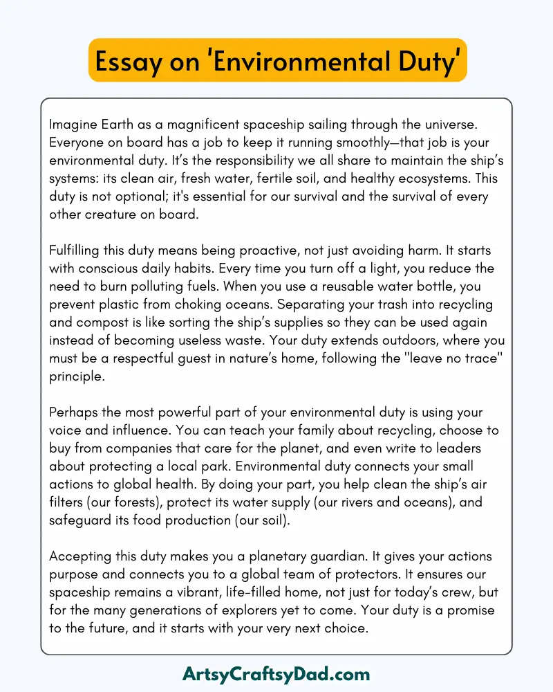 ' Environmental Duty' - 300 Words Essay for Grades 8 to 9 Students