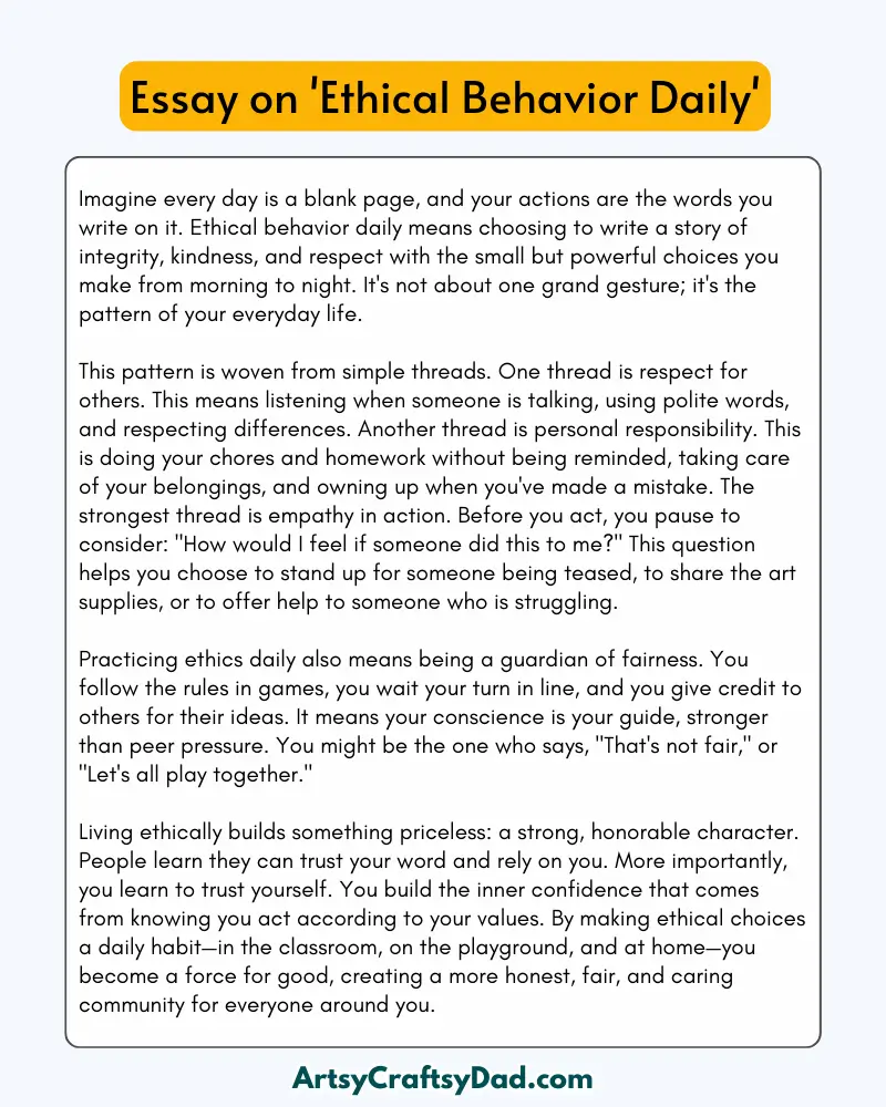 'Ethical Behavior Daily' - 300 Words  Essay for Grades 9 to 10 Students