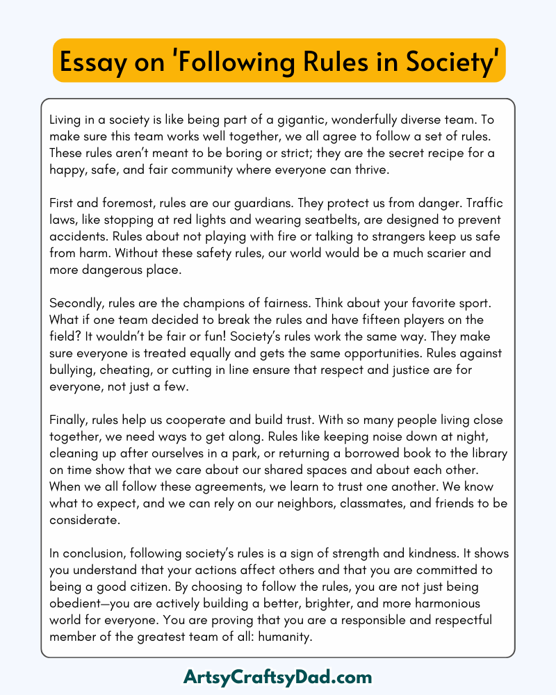 'Following Rules in Society' - 300 Words Essay for Grades 8 to 10 Students