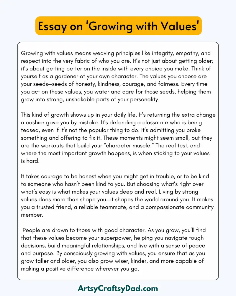 'Growing with Values ' - 300 Words  Essay for Grades 9 to 10 Students