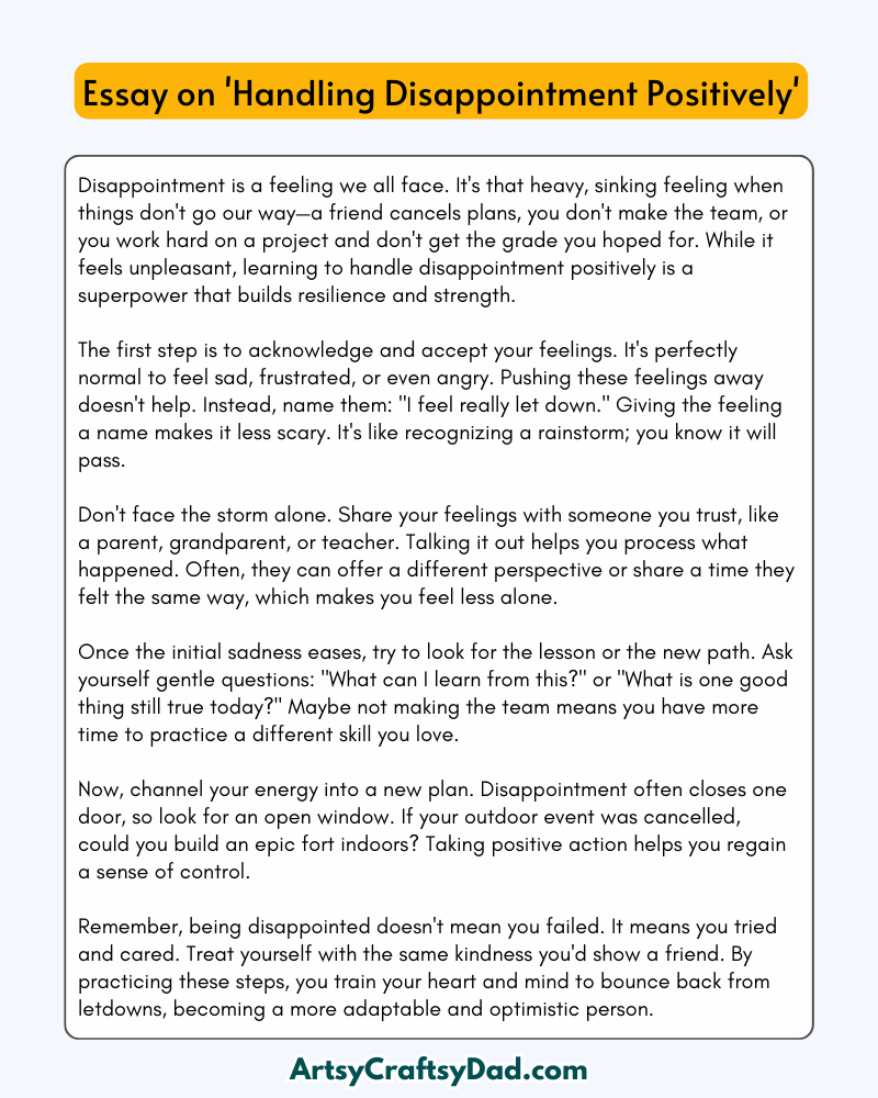 'Handling Disappointment Positively' - 300 Words Essay for Grades 8 to 10  Students