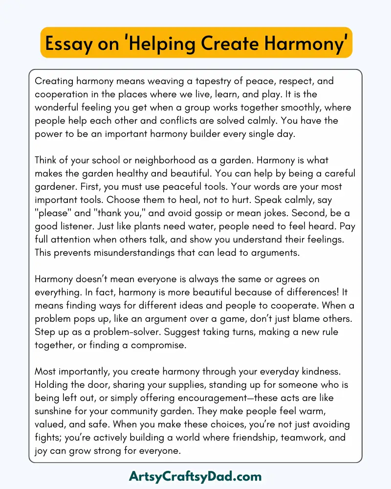 'Helping Create Harmony' - 300 Words  Essay for Grades 8 to 10  Students