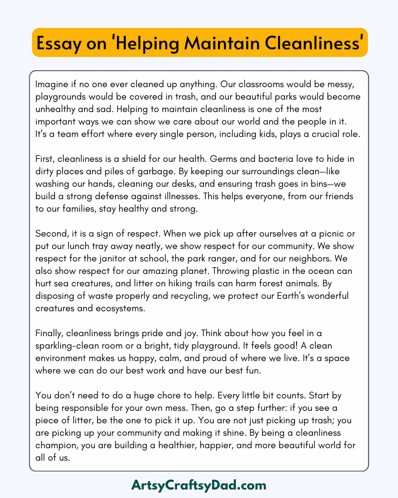 'Helping Maintain Cleanliness' - 300 Words Essay for Grades 7 to 8 Students