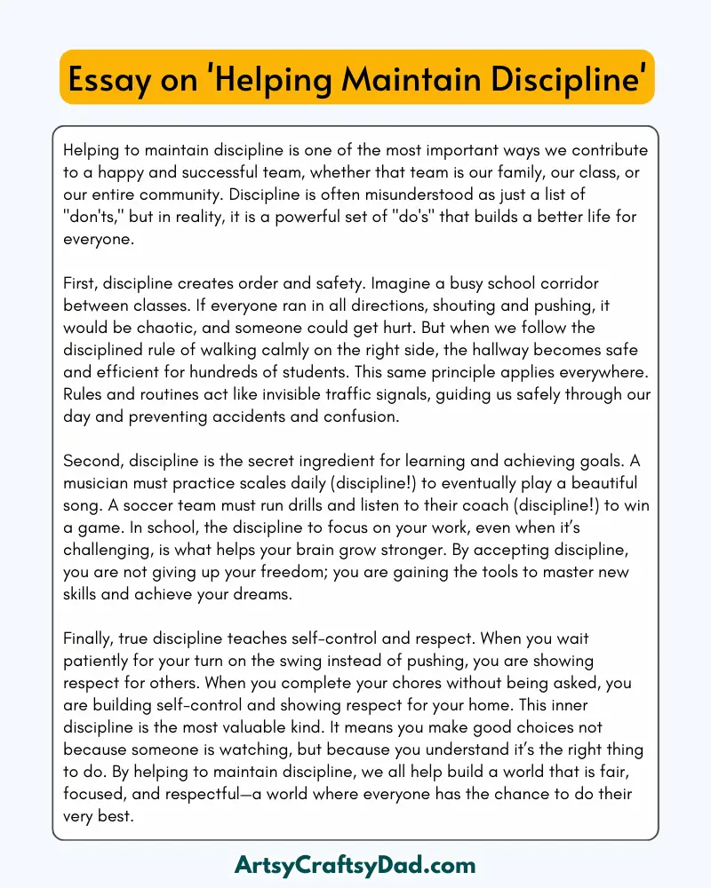 'Helping Maintain Discipline' - 300 Words  Essay for Grades 8 to 10 Students