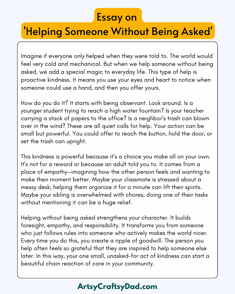 'Helping Someone Without Being Asked' - 300 Words Essay for Grades 8 to10 Students